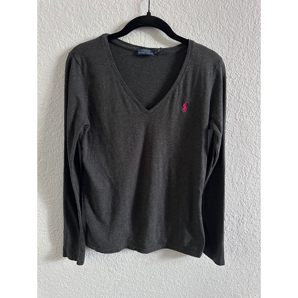 Polo Ralph Lauren Womens V-Neck Long Sleeve T-Shirt Gray Pink Pony Size M